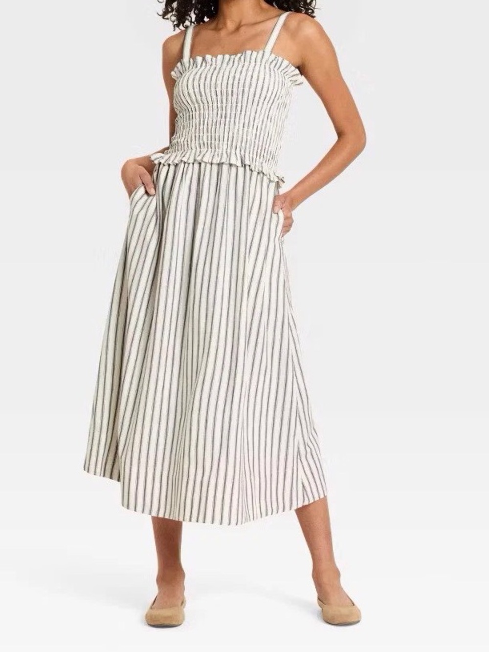 Striped Smocked Midi Dress in White and Black - Picture 1 of 1